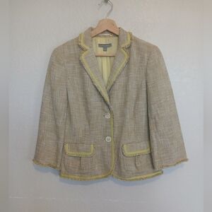 Ann Taylor Linen & Cotton Beige Tweed Tailored Blazer Jacket Yellow Trim Size 8